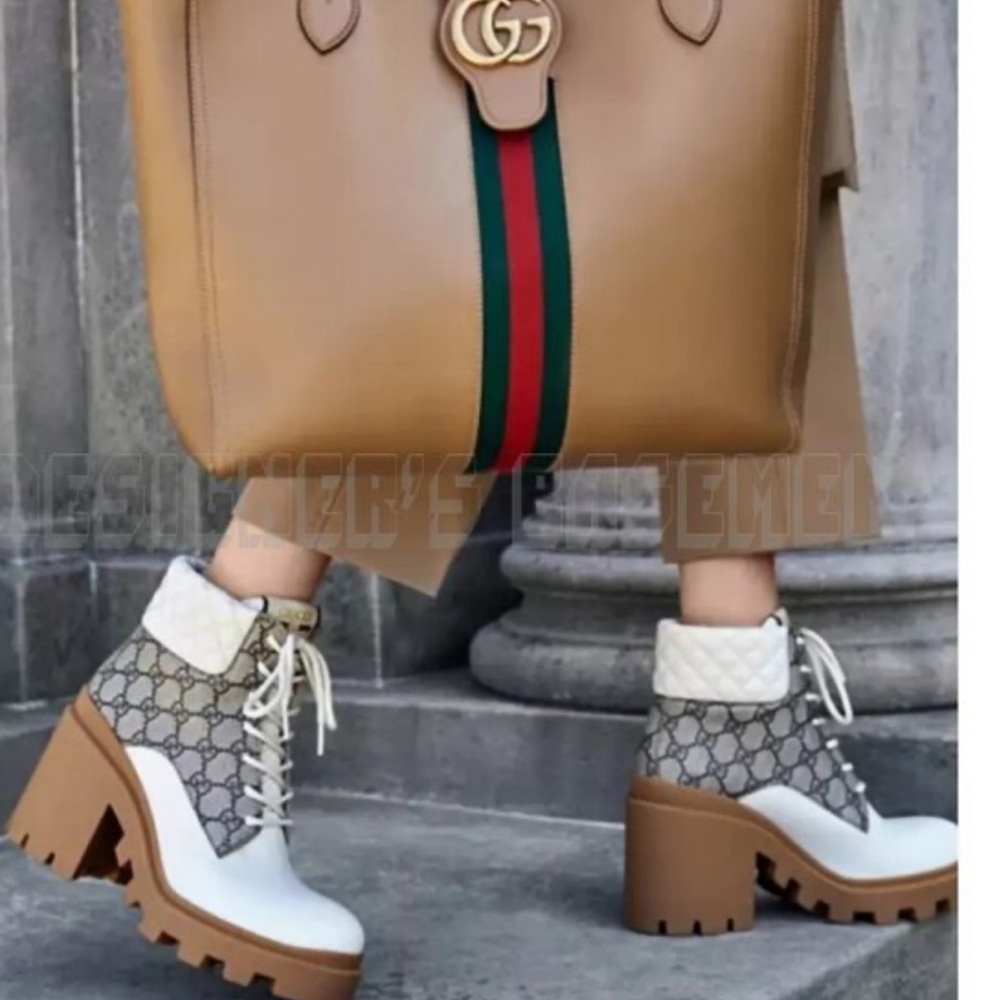 Gucci GG Canvas Quilted Leather Platform Boots – Ivory/Tan - Picture 3 of 16